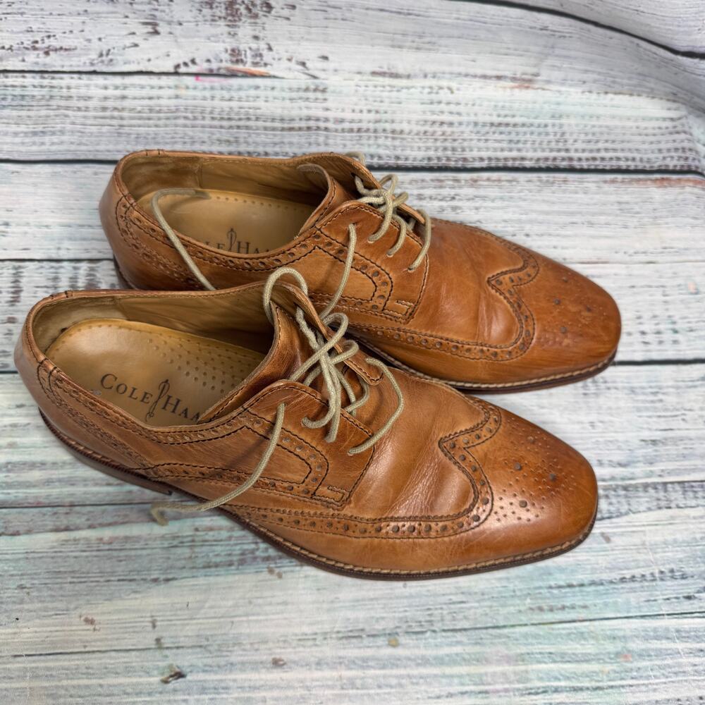 Cole Haan Mens Tan Leather Wingtip Square Toe Lace Up Oxford Shoes Size 9